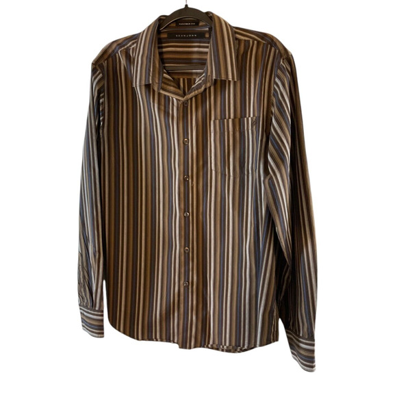 Sean John Men's XL Brown Tan Blue Shirt Striped Long Sleeve Tailored Fit Fall - Picture 9 of 9